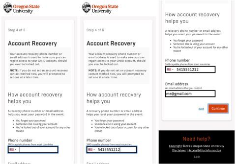 Shows Various options to recover account